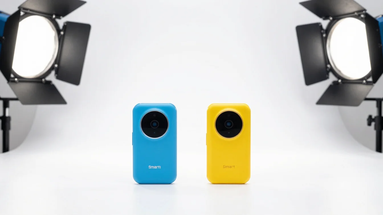 Bright studio product photography of a smart electronic device on a clean white backdrop, crisp studio light, vibrant co